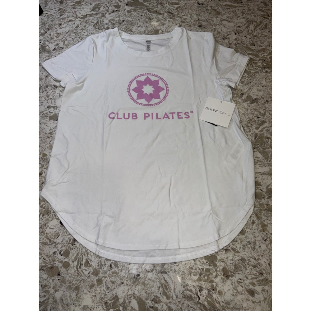 Beyond Yoga Club Pilates Graphic T-Shirt White Pink Lotus Logo Size M NWT